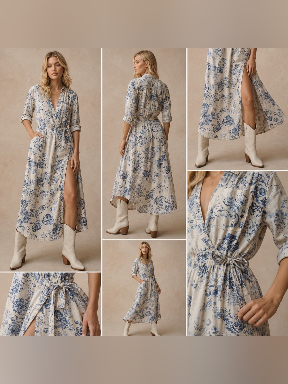 Pilcro Anthropologie Linen Blend Wrap Midi Dress Blue Floral Large